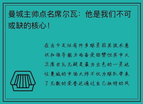 曼城主帅点名席尔瓦：他是我们不可或缺的核心！