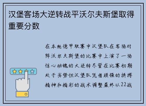 汉堡客场大逆转战平沃尔夫斯堡取得重要分数