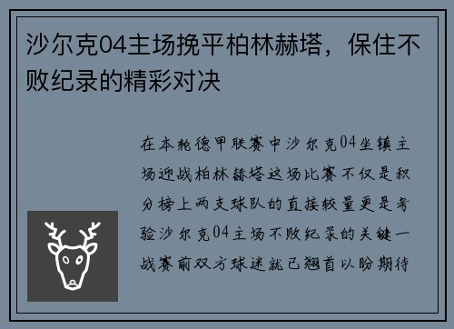 沙尔克04主场挽平柏林赫塔，保住不败纪录的精彩对决